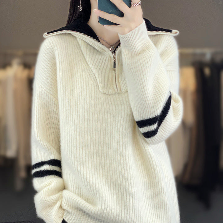 Damen Rippenstrick-Pullover mit halbem Reißverschluss, hohem Stehkragen und lässiger Passform Echoarchiv
