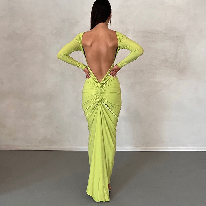 Damen Elegantes figurbetontes Maxikleid mit langen Ärmeln und Rundhalsausschnitt Echo Archiv