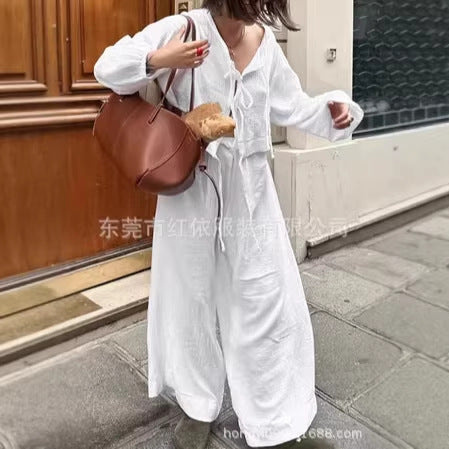 Damen Leichtes Crinkle-Zweiteiler mit Bindetop und weitem Palazzohosen-Schnitt – Élanora