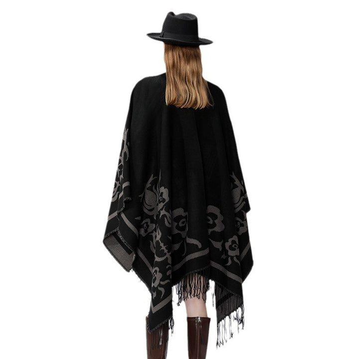 Damen Umhangponcho mit floralen Jacquard-Panels und Fransensaum – Célinea