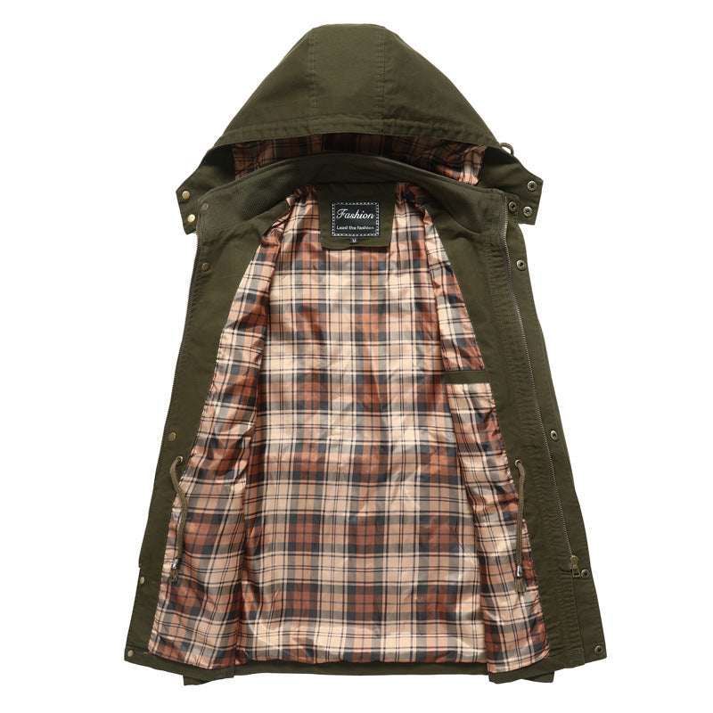 Herren Kapuzen-Canvasparka mit karierter Innenfütterung und Multifunktions‑Taschen – Taviero