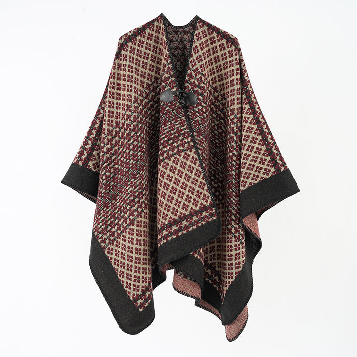 Damen Wollmischung Poncho mit Jacquard‑Muster und Knebelverschluss – Avérine