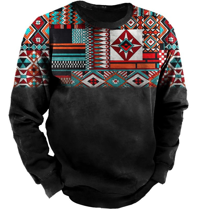 Herren-Sweatshirt mit ethnischem Blockdruck, Vintage-Fade-Effekt und Rundhalsausschnitt – Norvane