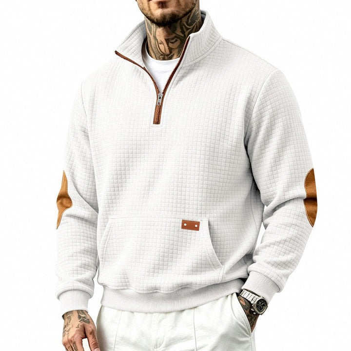 Herren Stehkragen-Halbzip-Sweatshirt mit karierter Reliefstruktur und Lederoptik-Ellenbogenpatches – Norvane