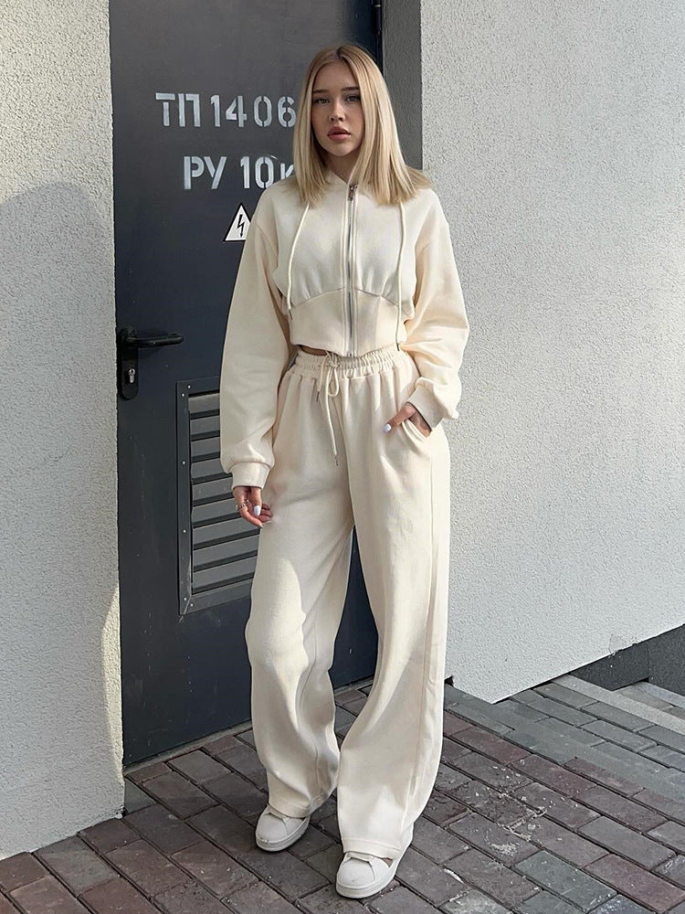 Damen nan zweiteiliges Cropped Hoodie-Set mit weitem Bundhose-Schnitt und tailliertem Reißverschluss Echo Archiv