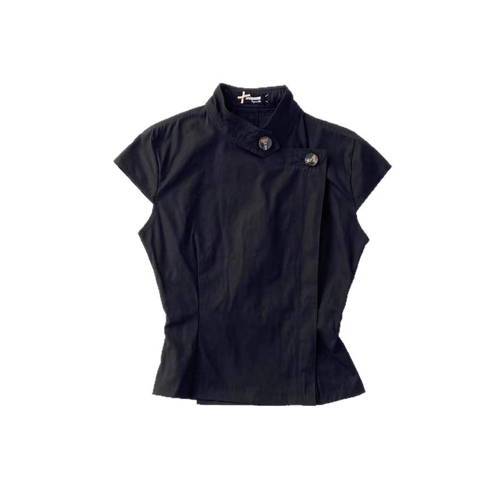 Damen Modisches Kurzarmshirt mit Stehkragen und dezenten Knopfdetails Echo Archiv