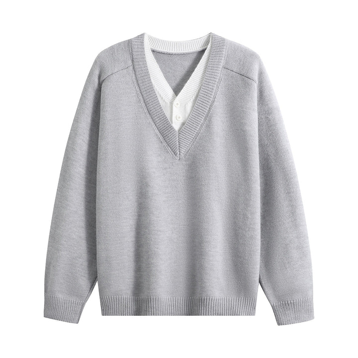 Unisex Oversize V‑Neck Strickpullover mit eingearbeiteter Henley-Optik Echoarchiv