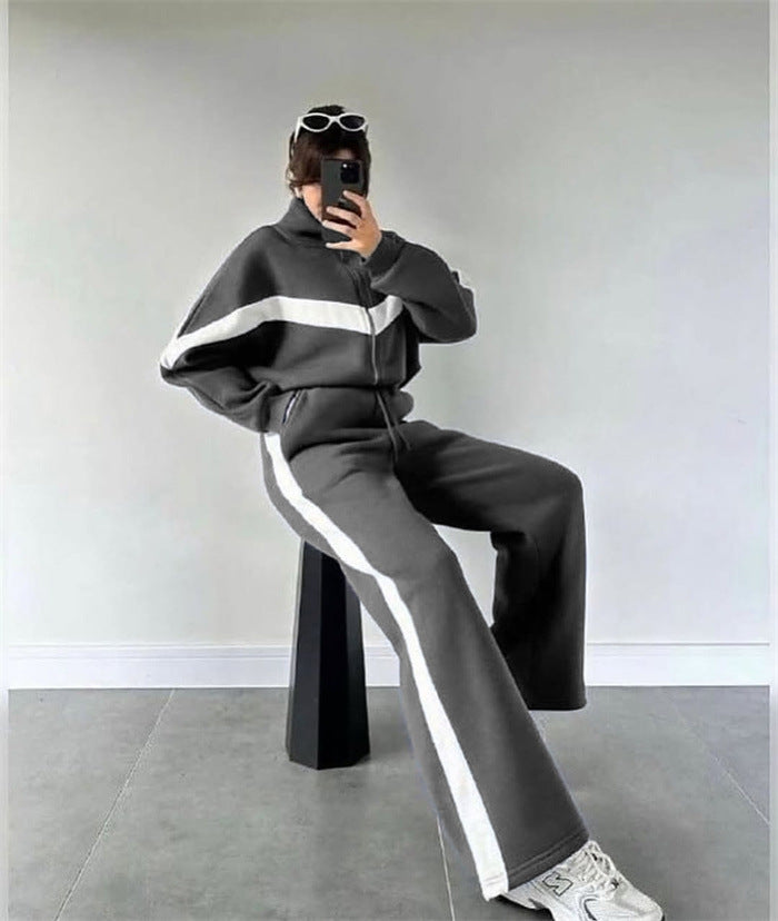 Damen nan zweiteiliges Lounge-Set mit Zip-Hoodie und weitem Highwaist-Hose mit Seitenstreifen Echo Archiv