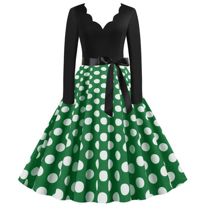 Damen Retro Swingkleid im Vintage-Stil mit welligem V-Ausschnitt, langärmliger Oberteil, Polka-Dot Tellerrock und Satin-Taillengürtel – Élara