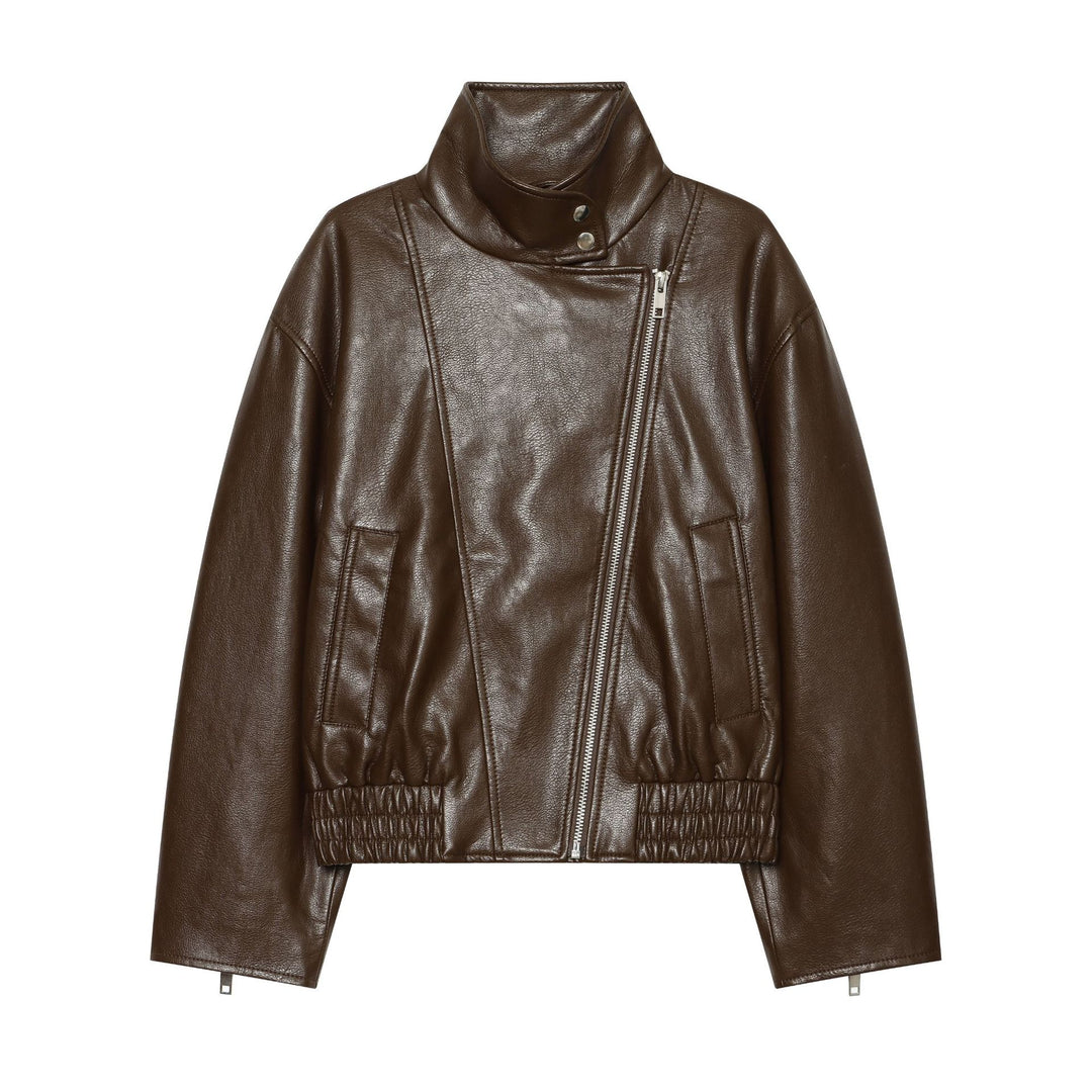 Damen Kurz geschnittene Lederoptik‑Blousonjacke mit Funnelkragen, asymmetrischem Reißverschluss und smocked Bund Echo Archiv