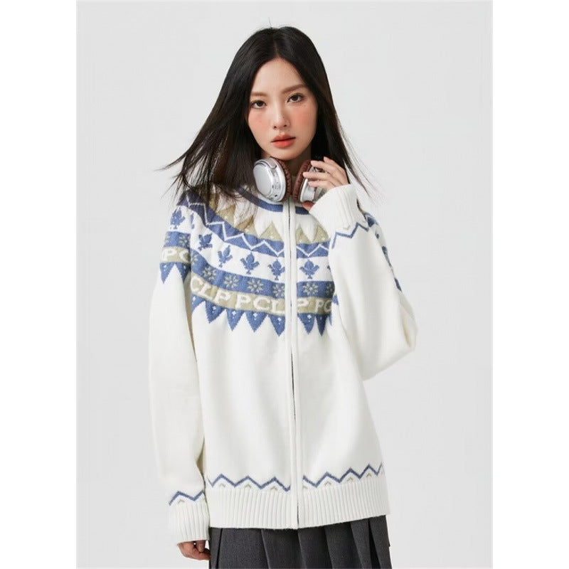 Damen Lässige Strick-Zipjacke mit Jacquard-Yoke und Rippbündchen Echoarchiv