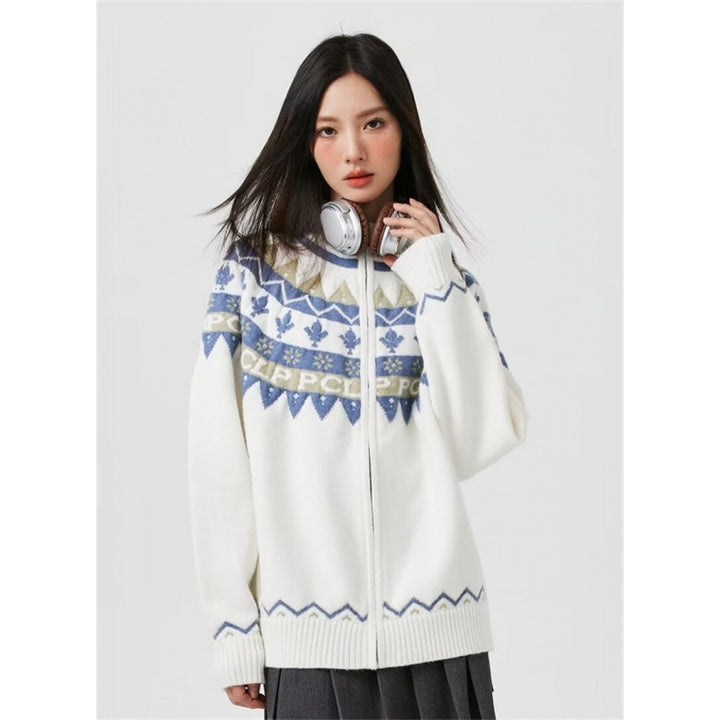 Damen Lässige Strick-Zipjacke mit Jacquard-Yoke und Rippbündchen Echoarchiv