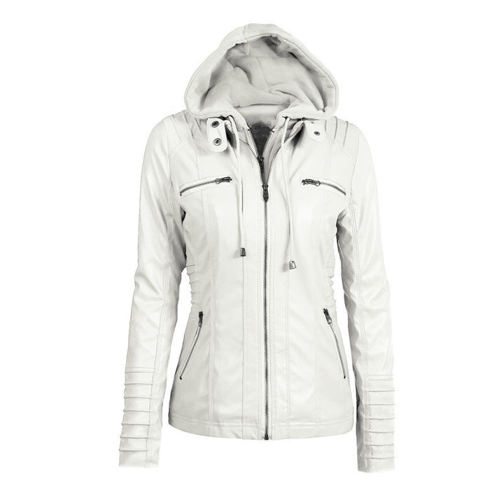Damen Slim-Fit Kunstlederjacke mit Kapuze, Steppärmeln und Reißverschlusstaschen Echoarchiv