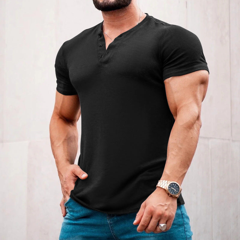 Herren nan muskelbetontes Kurzarmshirt mit Knopfleiste und V-Ausschnitt aus Baumwollstretch Echo Archiv