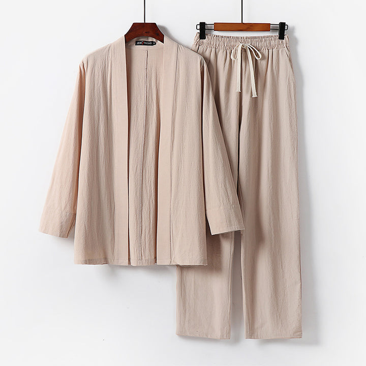 Herren Lockeres Kimono-Loungewear-Set aus leichter Baumwollmischung mit elastischer Kordelhose Echoarchiv