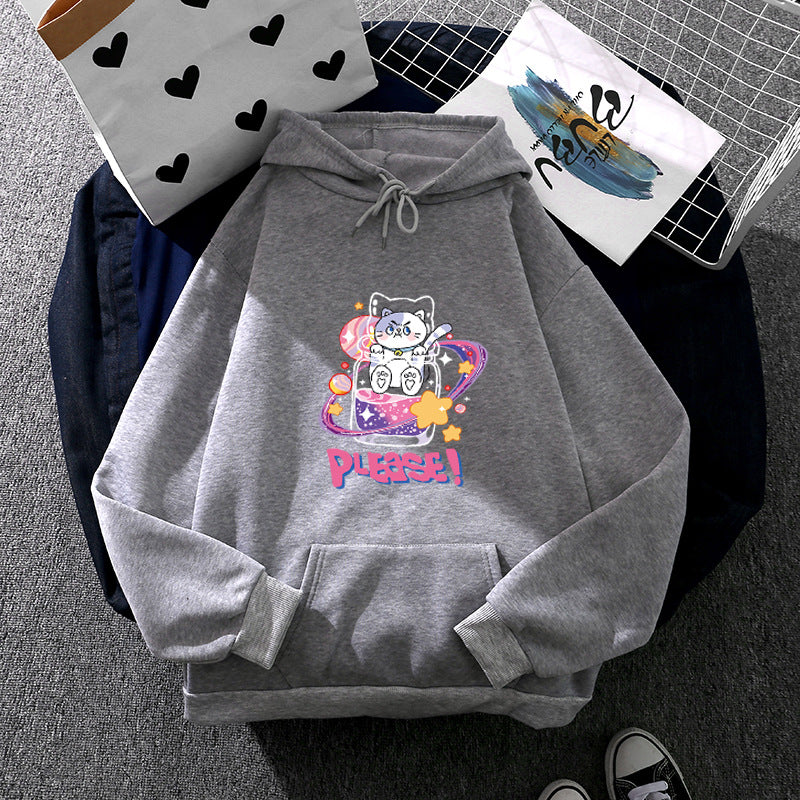 Damen oversized Kapuzenpullover im Streetstyle mit weichem Fleece-Innenfutter, Kängurutasche und farbenfrohem Cartoon-Katzen-Planet-Print – Auréline