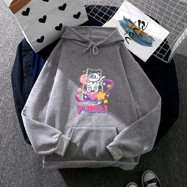Damen oversized Kapuzenpullover im Streetstyle mit weichem Fleece-Innenfutter, Kängurutasche und farbenfrohem Cartoon-Katzen-Planet-Print – Auréline