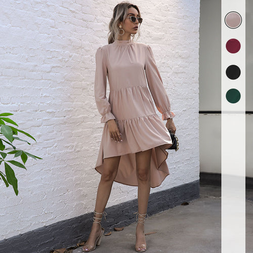 Damen Asymmetrisches Stufen-Midikleid mit Stehkragen, langen Ärmeln und Volant-Saum – Élara