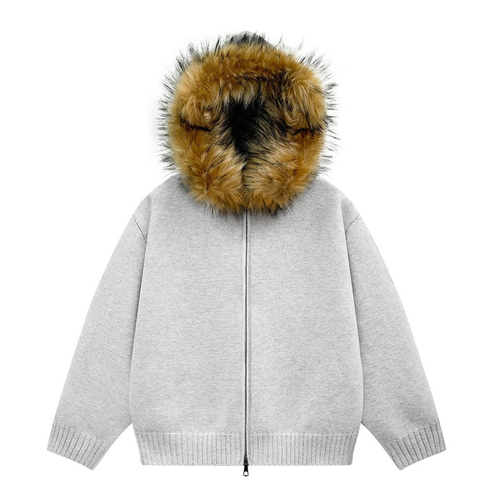 Damen Strick-Bomberjacke mit Kapuze und abnehmbarem Kunstfellbesatz Echoarchiv
