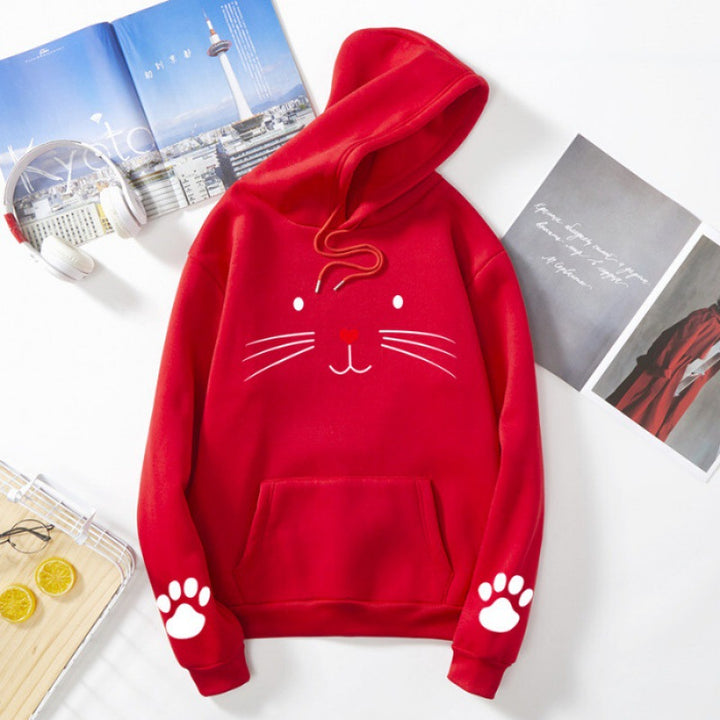 Damen Kapuzenpullover mit gedrucktem Katzenmotiv, Kängurutasche und Pfotenapplikationen – Auréline
