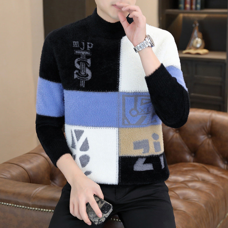 Herren Gemusterter Rollkragenpullover aus flauschigem Bouclé‑Mix mit Patch‑Intarsien Echoarchiv
