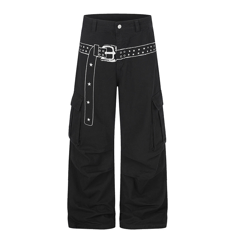 Damen Cargo-Palazzo-Hose aus Baumwollmix mit weitem Bein, aufgesetzten Klappentaschen und Gürtelprint Echoarchiv