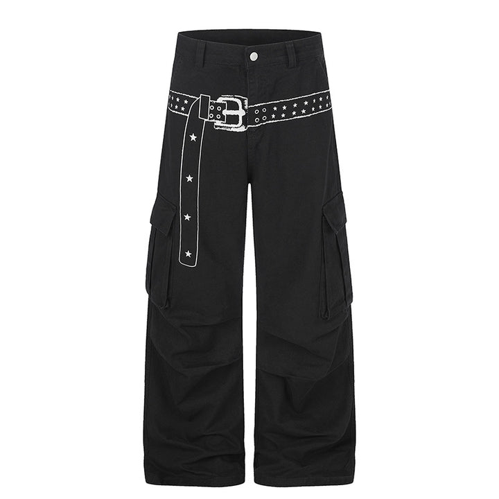 Damen Cargo-Palazzo-Hose aus Baumwollmix mit weitem Bein, aufgesetzten Klappentaschen und Gürtelprint Echoarchiv