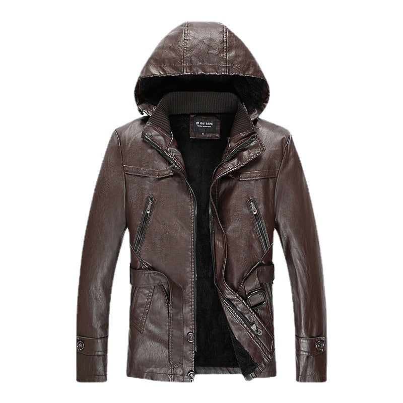 Herren Kunstlederjacke mit Kapuze, Teddyfutter und Gürtelschnalle – Valtoré