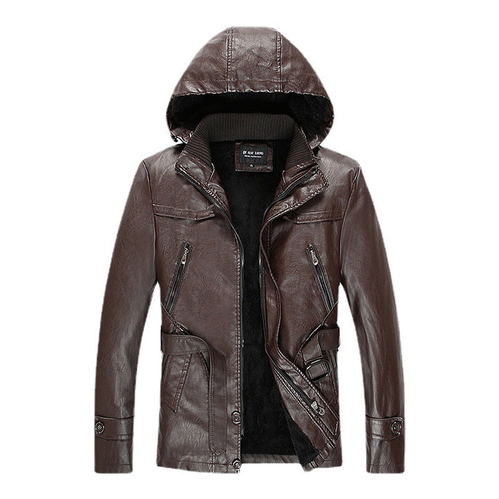 Herren Kunstlederjacke mit Kapuze, Teddyfutter und Gürtelschnalle – Valtoré