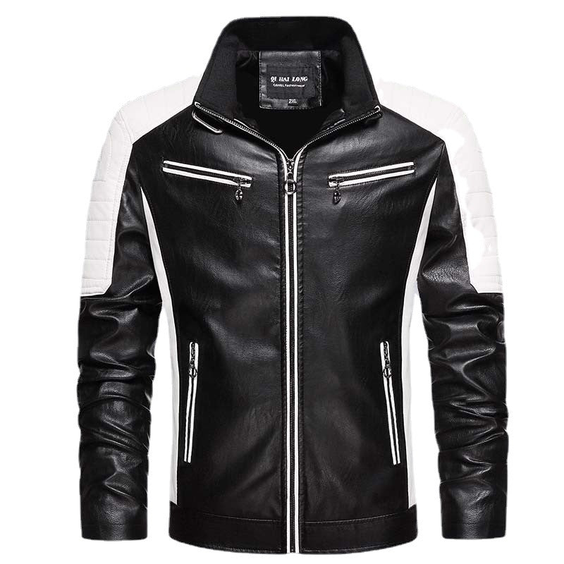 Herren Kunstleder-Bikerjacke im Retro-Racer-Stil mit gesteppter Schulterpanele und Kontrastbesatz Echoarchiv
