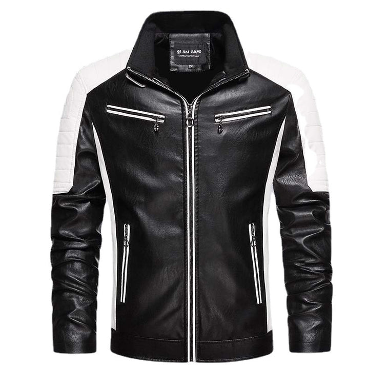Herren Kunstleder-Bikerjacke im Retro-Racer-Stil mit gesteppter Schulterpanele und Kontrastbesatz Echoarchiv