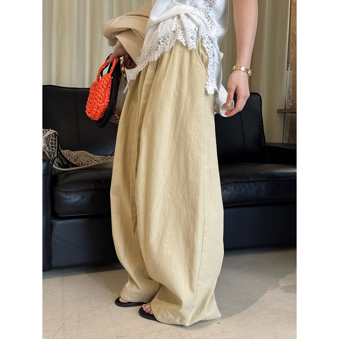 Damen Weite High‑Waist Leinen‑Optik Culotte‑Hose mit Tunnelzug und fließender Silhouette Echoarchiv