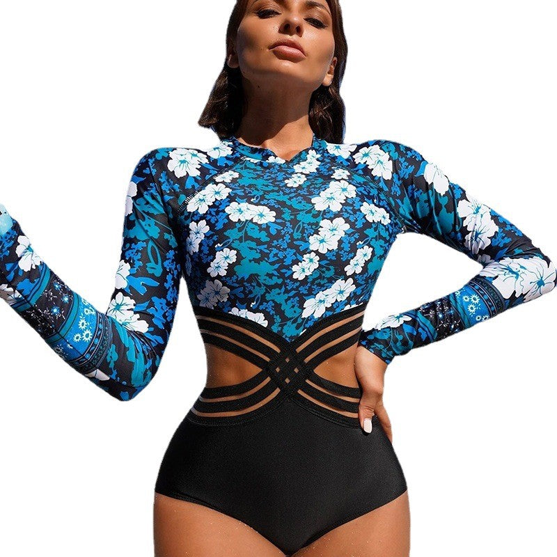 Damen Sportlicher Langarm-Badeanzug mit floralem Design Echo Archiv