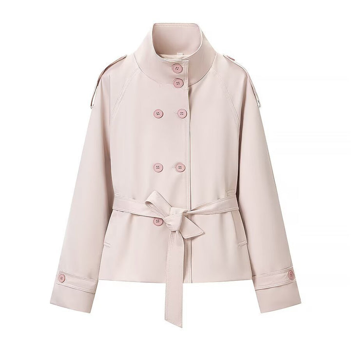 Damen Kurze zweireihige Trenchjacke mit hohem Stehkragen, Schulterklappen und Bindegürtel Echoarchiv