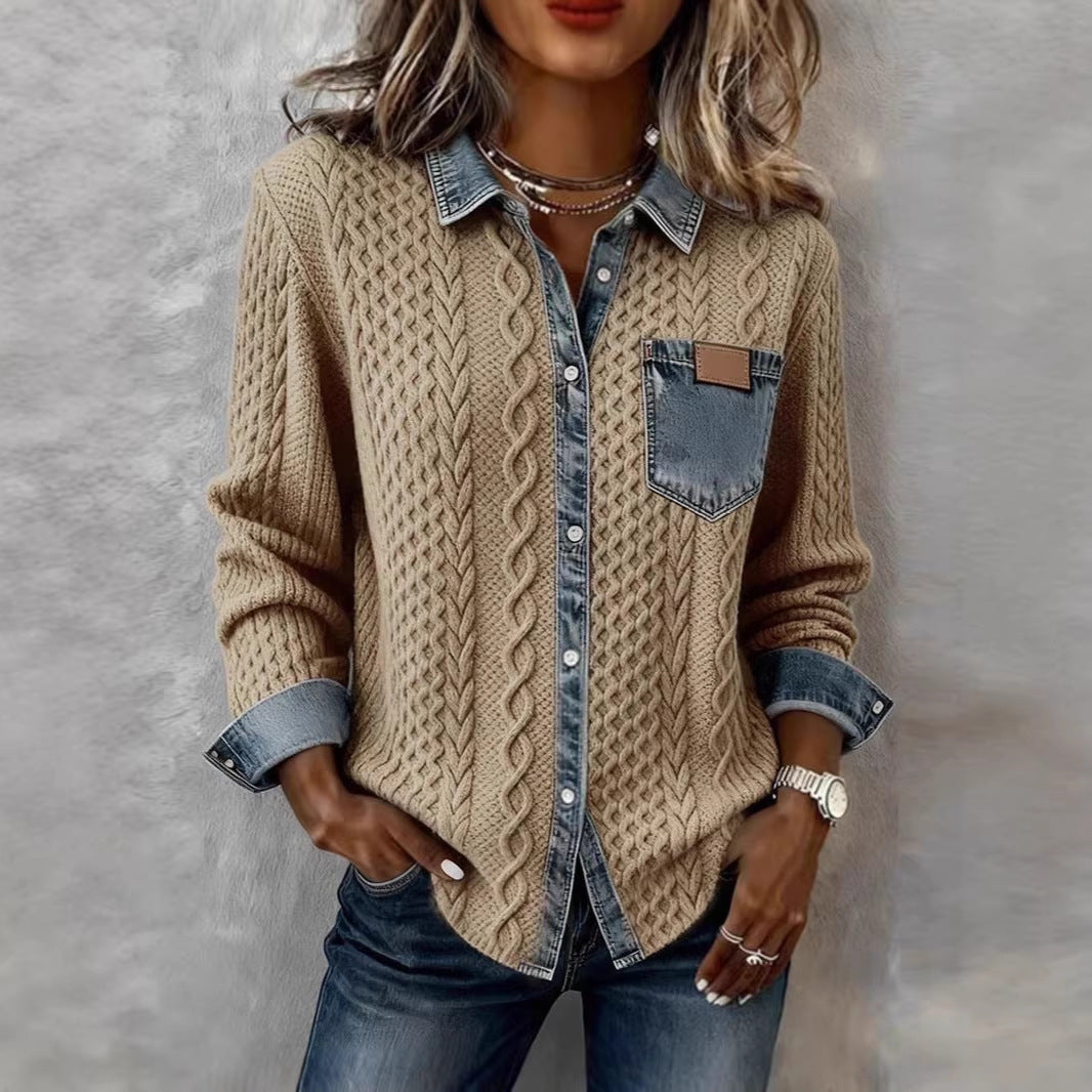 Damen Strickjacke mit Denim-Look-Kragen, dekorativer Knopfleiste und Brusttasche – Veloura