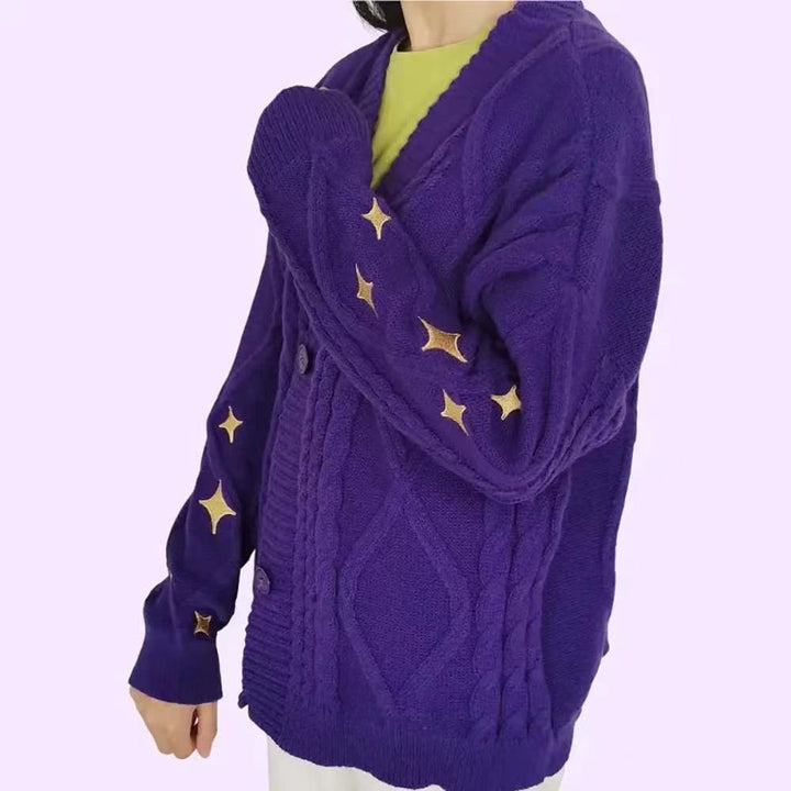 Damen nan oversize Strickcardigan mit Zopfmuster und Sternapplikationen V-Ausschnitt Knopfleiste Echo Archiv