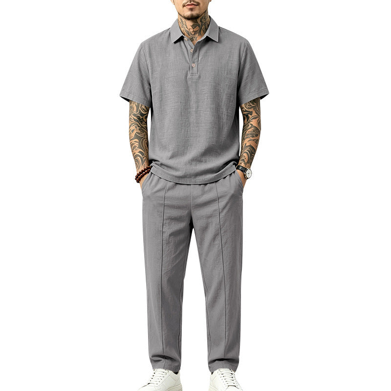 Herren Leichtes Leinenoptik-Loungewear-Set mit Polokragen und Bundfalten Echoarchiv