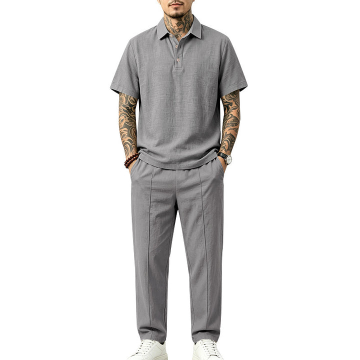 Herren Leichtes Leinenoptik-Loungewear-Set mit Polokragen und Bundfalten Echoarchiv