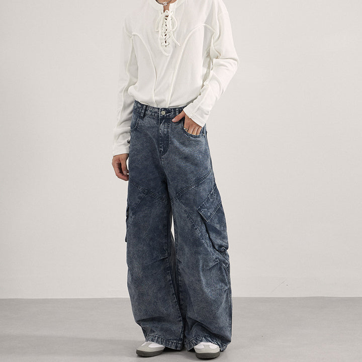 Damen Extraweite Cargo-Denim-Palazzohose mit diagonalem Nahtdesign und großen Klappentaschen Echo Archiv