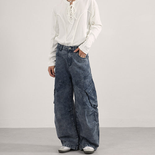 Damen Extraweite Cargo-Denim-Palazzohose mit diagonalem Nahtdesign und großen Klappentaschen Echo Archiv