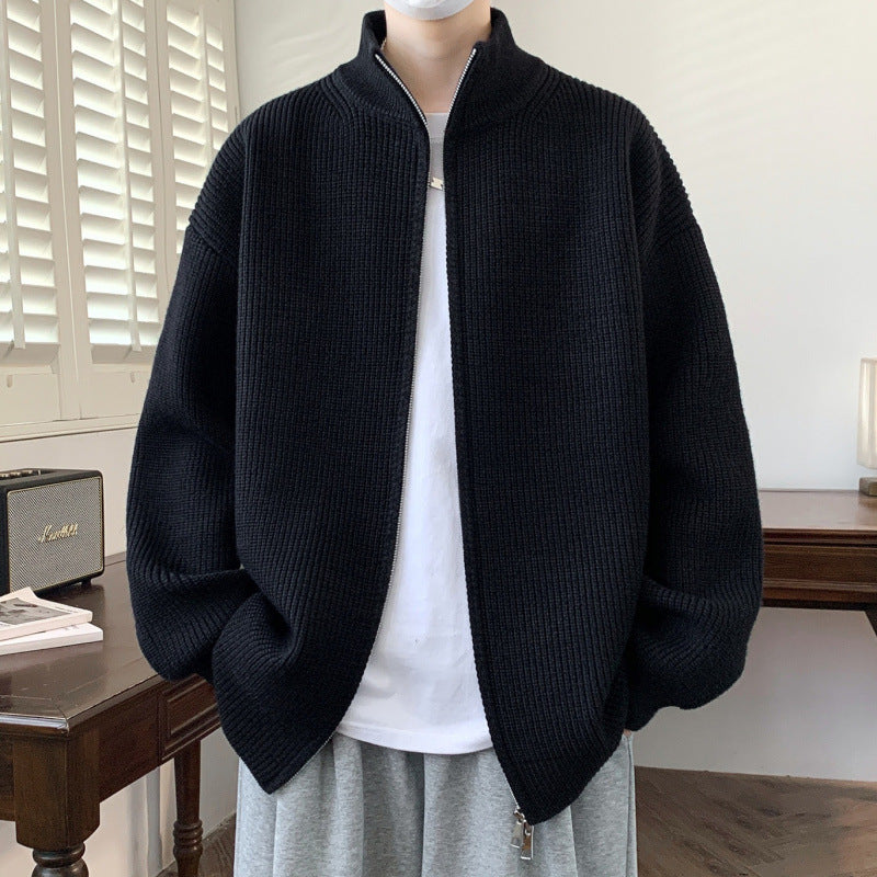 Herren Oversized Strick‑Zipjacke mit hohem Stehkragen und feiner Rippstruktur Echoarchiv