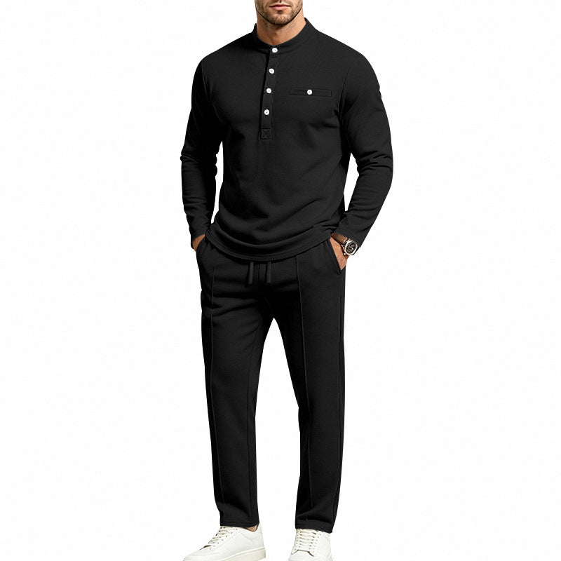 Herren Zweiteiliges Freizeitset mit Henley-Langarmshirt, Stehkragen und Komfort-Jogginghose – Sorevano