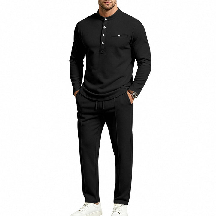 Herren Zweiteiliges Freizeitset mit Henley-Langarmshirt, Stehkragen und Komfort-Jogginghose – Sorevano