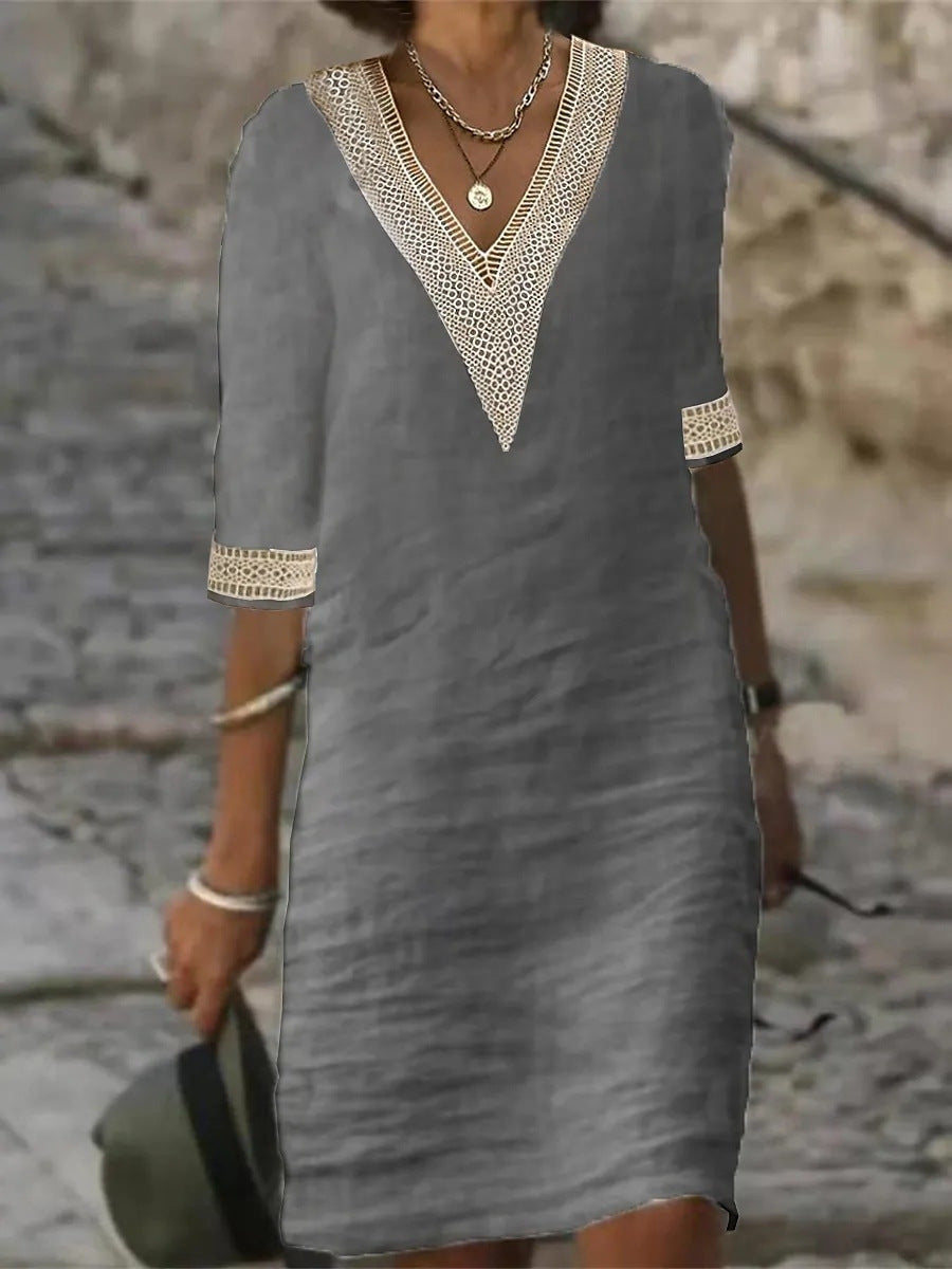 Damen Leinenlook Midi Kleid mit gehäkeltem V-Ausschnitt und 3/4 Ärmeln Echoarchiv