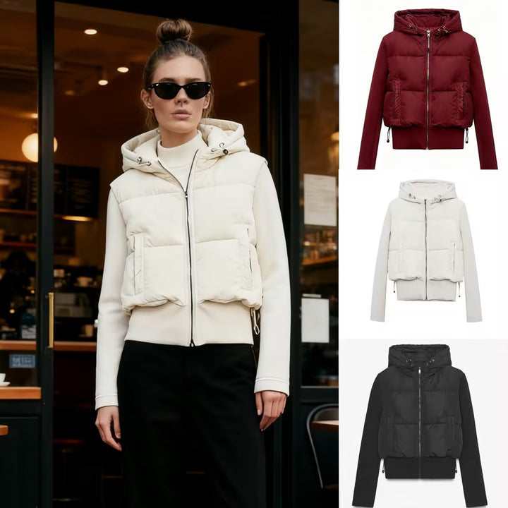 Damen Kurz geschnittene Hybrid-Steppjacke mit Kapuze, Rippbündchen und Tunnelzug Echo Archiv