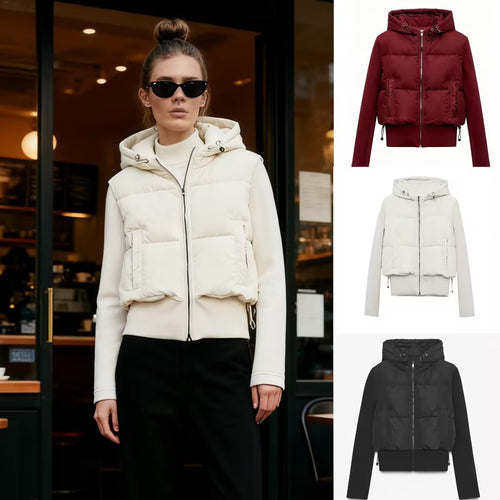 Damen Kurz geschnittene Hybrid-Steppjacke mit Kapuze, Rippbündchen und Tunnelzug Echo Archiv