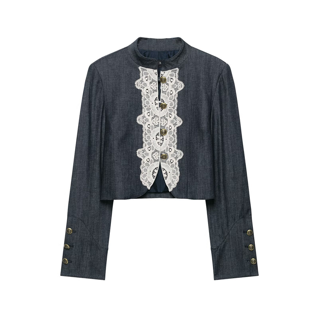 Damen Boleroartige Kurzjacke im Vintage-Denim‑Stil mit Spitzenpasse und Messingknöpfen Echo Archiv