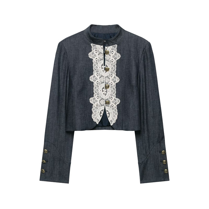 Damen Boleroartige Kurzjacke im Vintage-Denim‑Stil mit Spitzenpasse und Messingknöpfen Echo Archiv