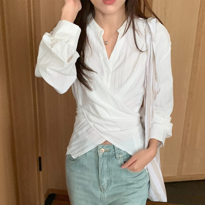 Damen Wickelbluse mit geraffter Taille und Ballonärmeln Echoarchiv