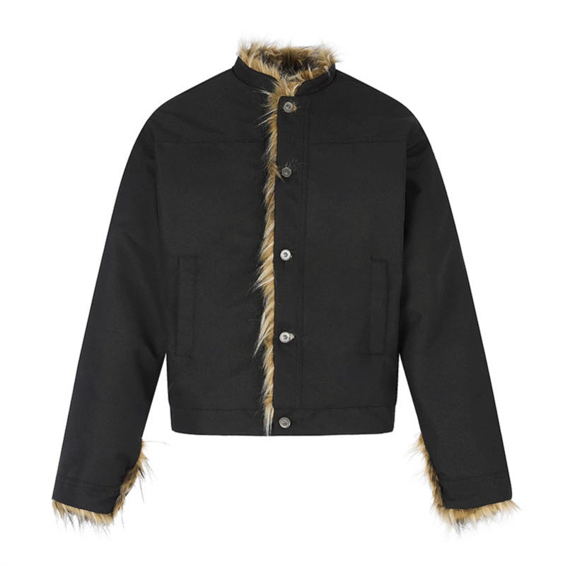 Damen Kurzjacke mit Kunstfellfutter, Stehkragen und verdeckter Knopfleiste Echoarchiv